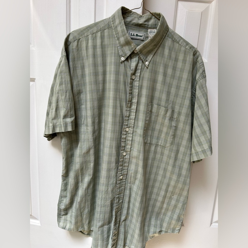 LL Bean Short Sleeved Button Down Dress Shirt. Light green plaid. 100% cotton. L